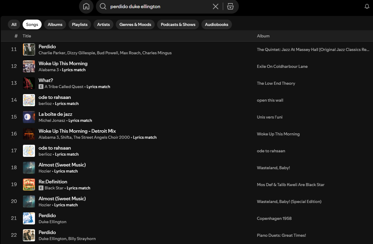 Spotify Search for Perdido, 11-20