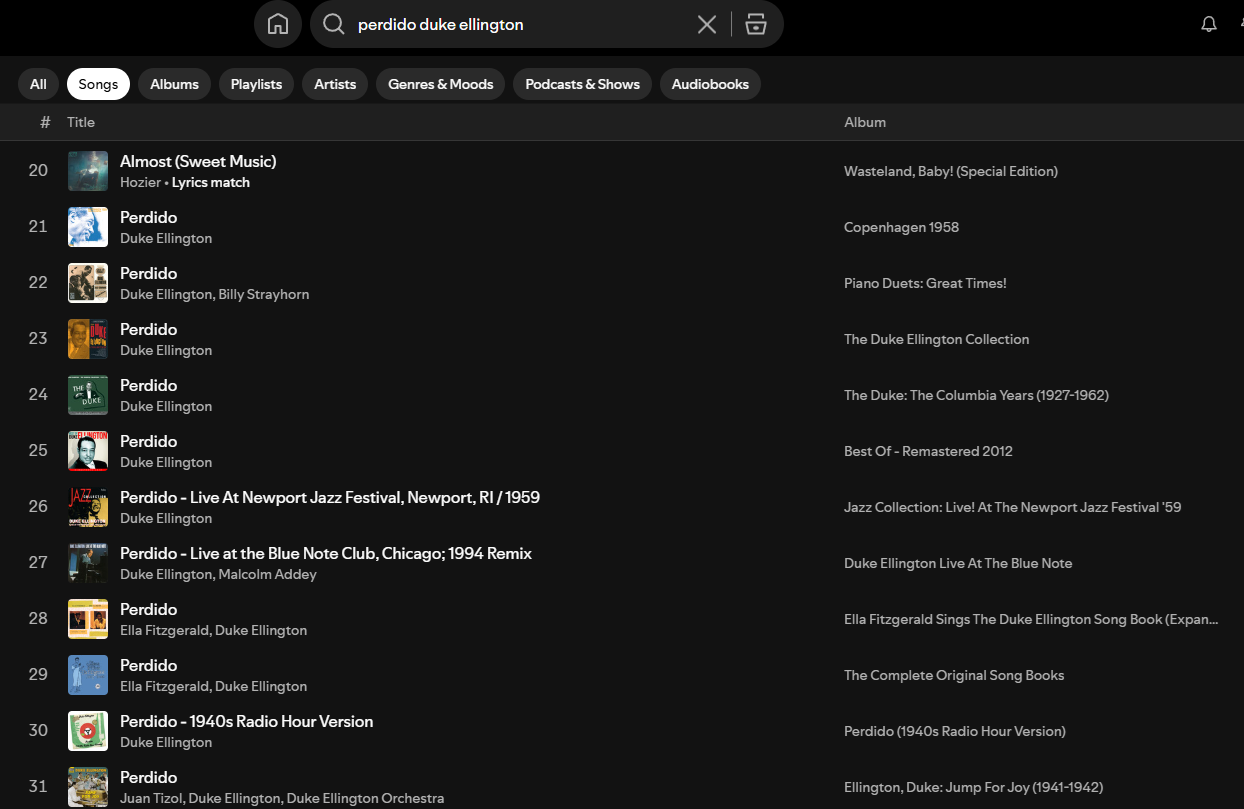 Spotify Search for Perdido, 21-30