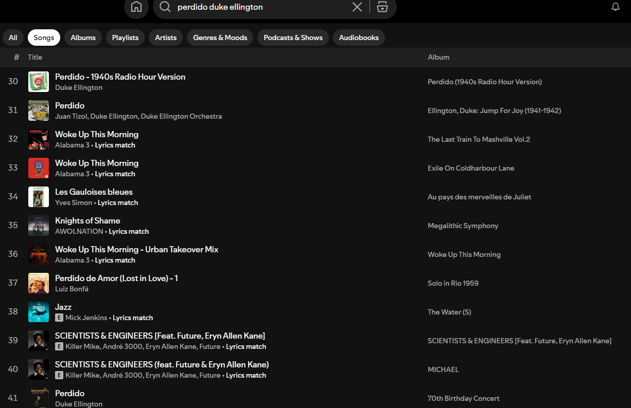 Spotify Search for Perdido, 31-40